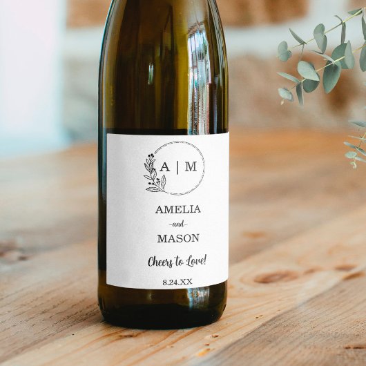 ブラックミニマルフローラモノグ結婚ラム ワインラベル