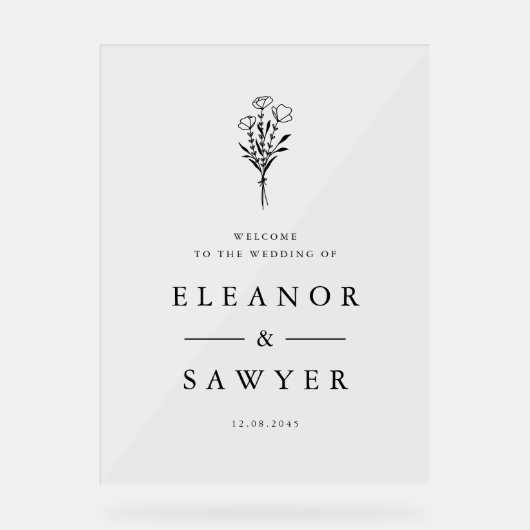 ブラックミニマルフローラ結婚ブーケへようこそ アクリルサイン (正面)