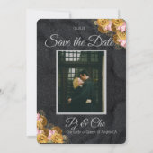 ブラックミニマルフローラ結婚式の日付を保存 セーブザデート (裏面)