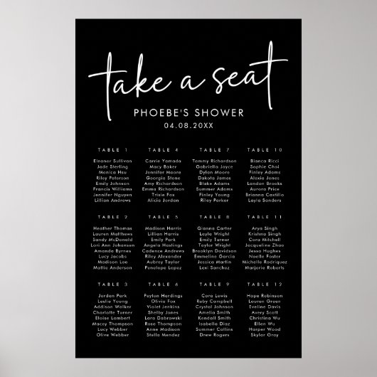 ブラックミニマルブライダルシャワー座席表 ポスター (正面)