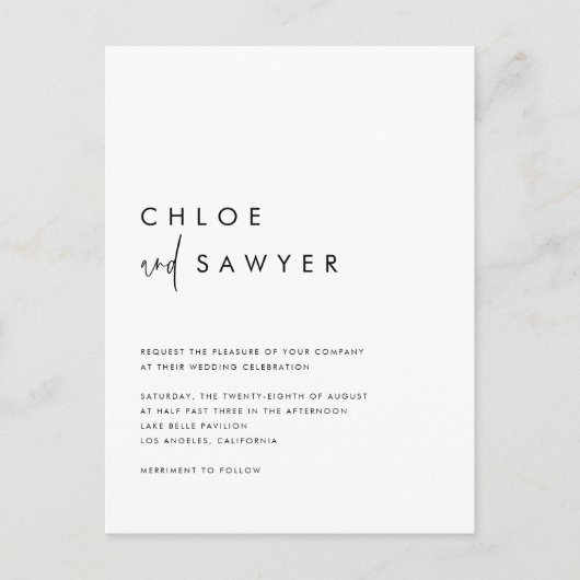 ブラックミニマルモダンリスト手書きスクリプ結婚ト インビテーションポストカード (正面)