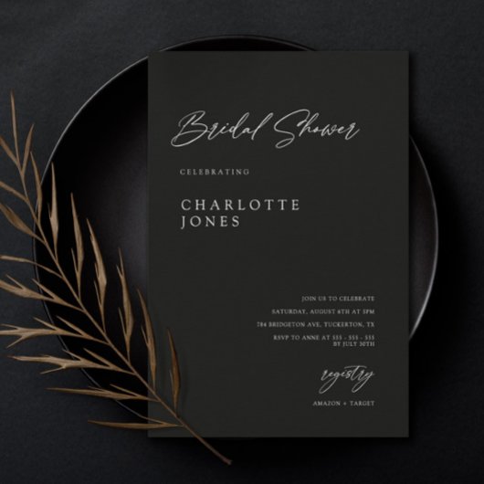 ブラックミニマルモダンリスト手書きブライダルシャワー 招待状