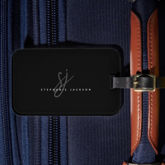 ブラックミニマル手文字イニシャルモノグラム ラゲッジタグ (正面インサイチュ4)