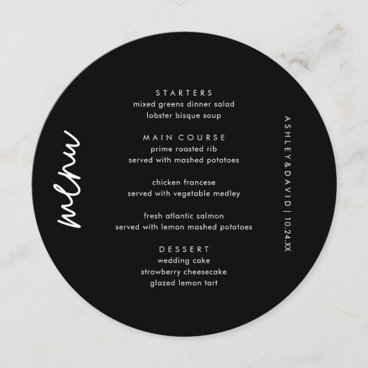 ブラックミニマル結婚リストのユニークサークルメニューカード メニュー (正面)