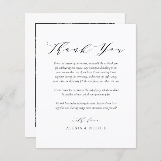 ブラックミニマル結婚リストスクリプトのサンキューカード (正面/裏面)