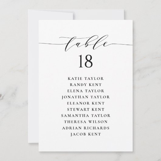 ブラックミニマル結婚リストスクリプトのシーティングプランカード 招待状 (裏面)