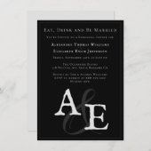 ブラックミニマル結婚リストモノグラムのリハーサル 招待状 (正面/裏面)