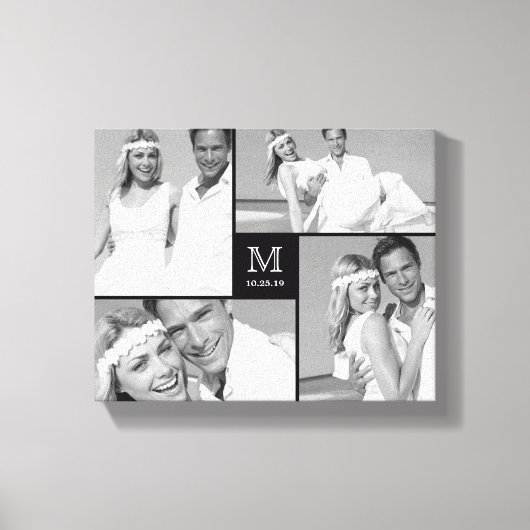 ブラックミニマル結婚リストモノグラムの4フォトコラージュ キャンバスプリント (正面)
