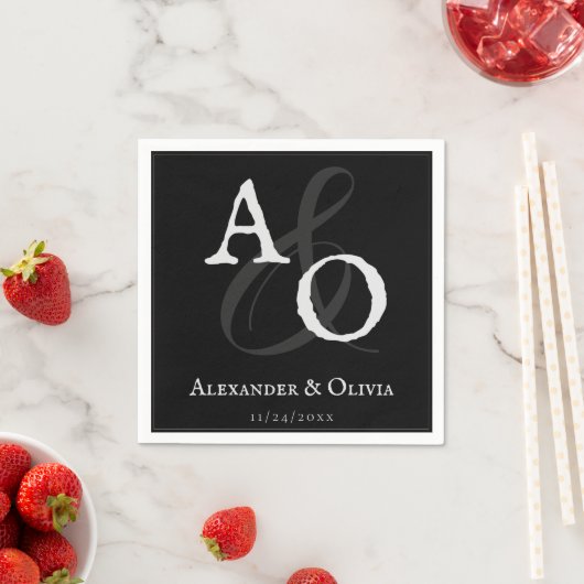 ブラックミニマル結婚リストモノグラム スタンダードカクテルナプキン (インサイチュ)