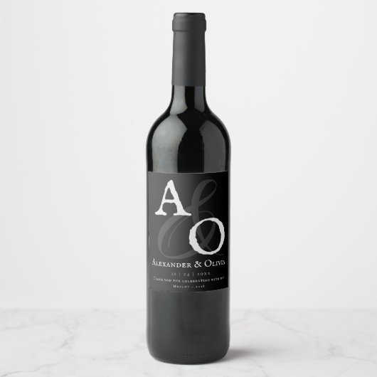 ブラックミニマル結婚リストモノグラム ワインラベル (正面)