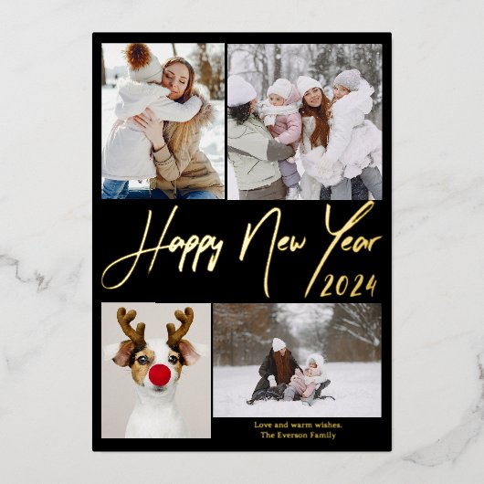 ブラックミニマル5枚2024年新年おめでとう 箔シーズンカード (正面)