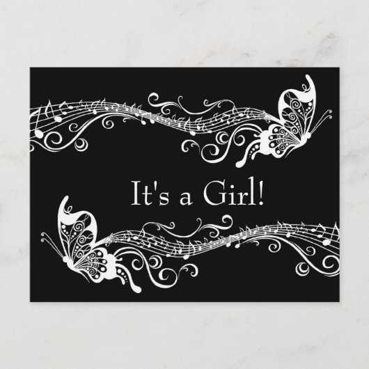 ブラックミュージカル蝶ベビーシャワー招待状 インビテーションポストカード (正面)