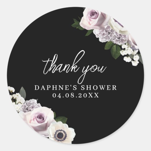 ブラックムーディーパープルとホワイトの花のブライダルシャワー ラウンドシール (正面)