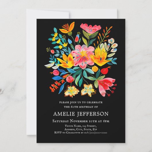 ブラックメキシカンフィエスタフローラテーマ誕生日 招待状 (正面)