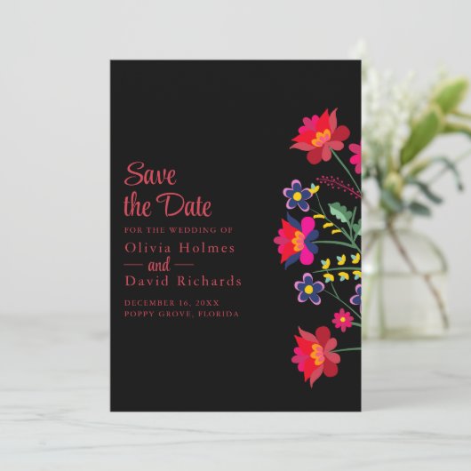 ブラックメキシコフローラフィエスタ日付カードを保存 招待状 (スタンド正面)