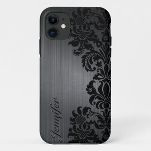 ブラックメタリックブラッシュアルミニウムおよびフローラダンパー iPhone 11 ケース