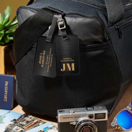 ブラックメタリック背景金ゴールドタイポグラフィ ラゲッジタグ (正面&裏面)