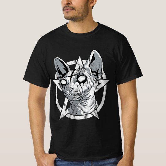 ブラックメタルスフィンクス猫ゴシックとデスメタルスフィンクス Tシャツ (正面)