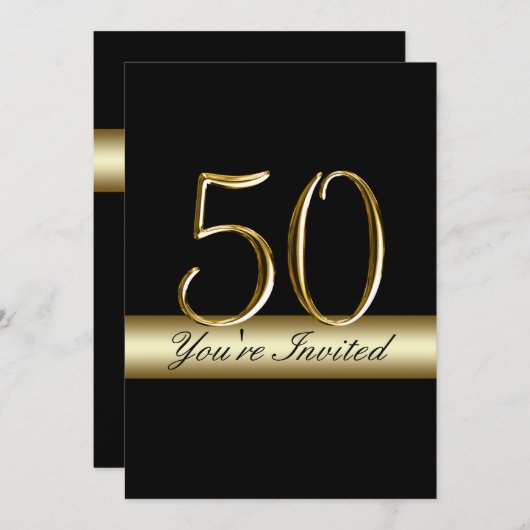 ブラックメタル金ゴールドプリント50番目の誕生日招待状 招待状 (正面/裏面)