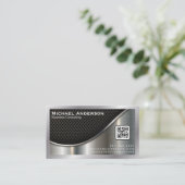 ブラックメッシュとメタリック銀 | QRコード 名刺 (スタンド正面)