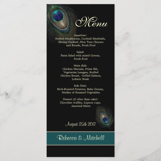 ブラックメニューの緑の青い孔雀の羽 メニュー (正面)