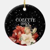 ブラックメリークリスマスに赤と白のアマリリス セラミックオーナメント (裏面)