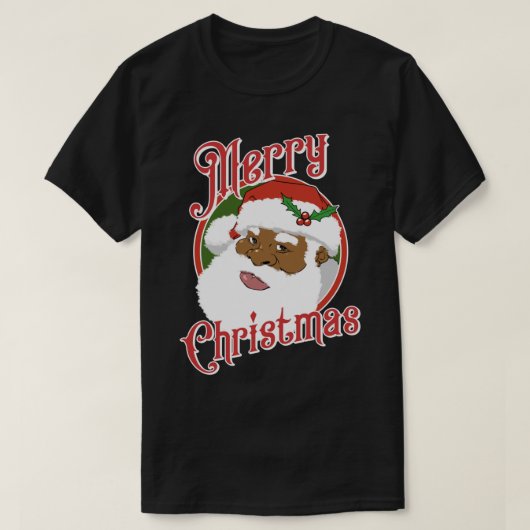 ブラックメリークリスマスアフリカンアメリカンサンタクロース Tシャツ (デザイン正面)