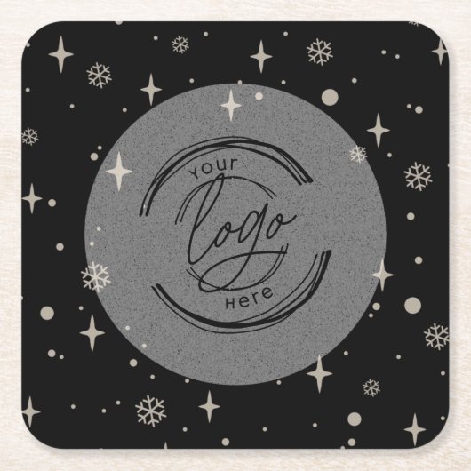 ブラックメリークリスマスビジネスロゴスノーフレーク スクエアペーパーコースター (正面)