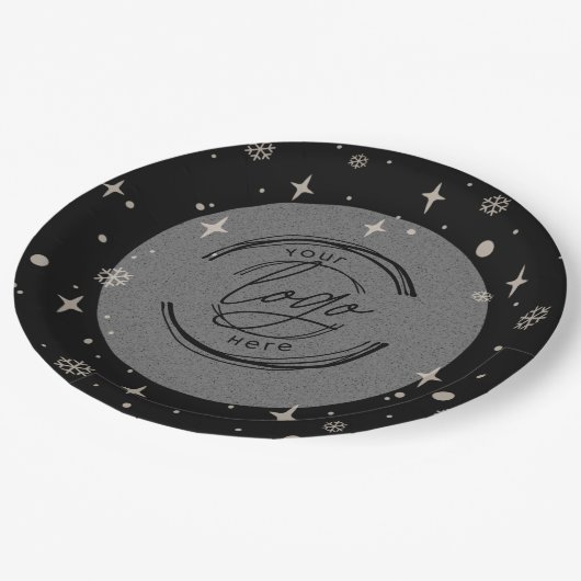 ブラックメリークリスマスビジネスロゴスノーフレーク ペーパープレート (アングル)