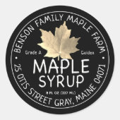 ブラックメープルシロップ金ゴールド砂糖楓の葉ラベル ラウンドシール (正面)