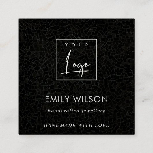 ブラックモザイクテクスチャスタッドイヤリング表示ラベル スクエア名刺 (正面)