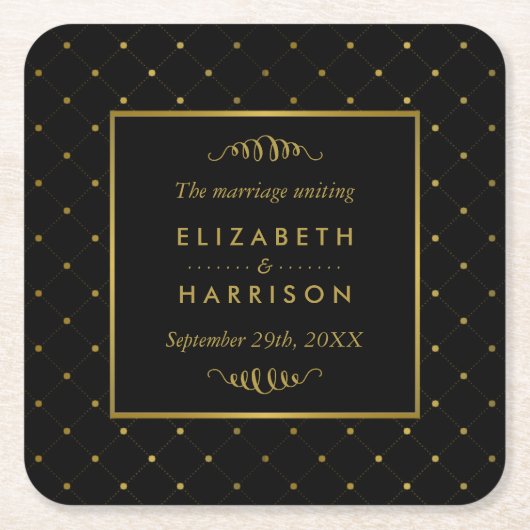 ブラックモダンおよびゴールドフォイルの効結婚果 スクエアペーパーコースター (正面)