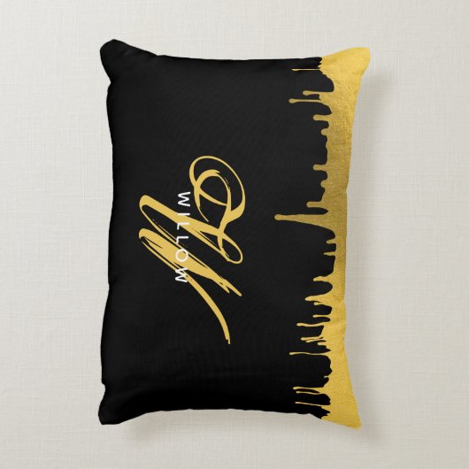 ブラックモダンおよび金ゴールドモノグラムヴィンテージスクリプト アクセントクッション (裏面(縦))