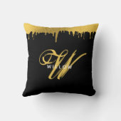 ブラックモダンおよび金ゴールドモノグラムヴィンテージスクリプト クッション (裏面)