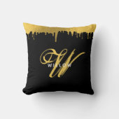 ブラックモダンおよび金ゴールドモノグラムヴィンテージスクリプト クッション (正面)