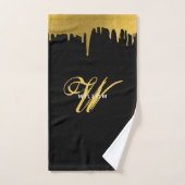 ブラックモダンおよび金ゴールドモノグラムヴィンテージスクリプト バスタオルセット (ハンドタオル)