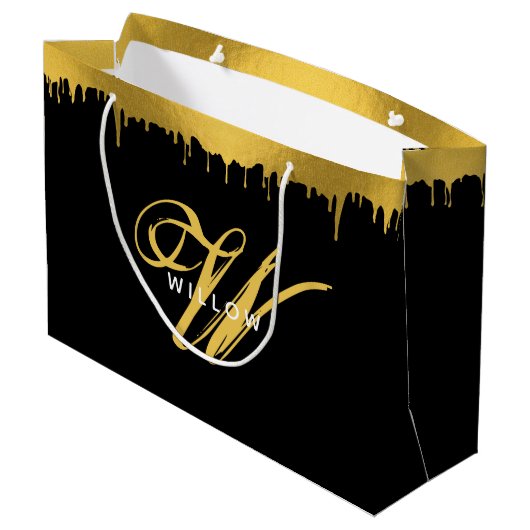 ブラックモダンおよび金ゴールドモノグラムヴィンテージスクリプト ラージペーパーバッグ (裏面アングル)