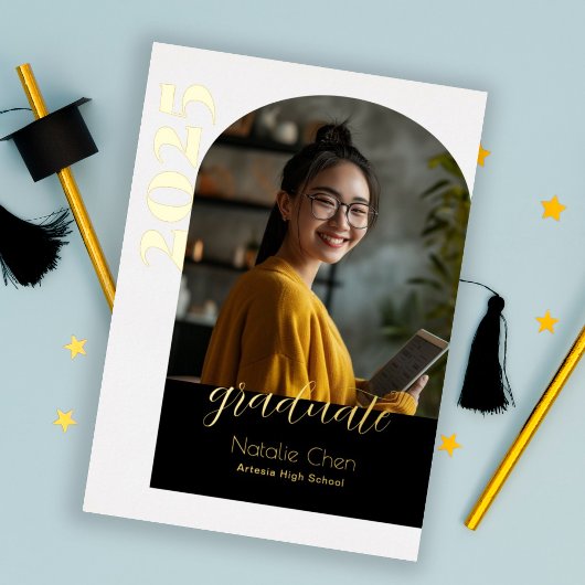 ブラックモダンアーチフォト卒業パーティー 箔招待状