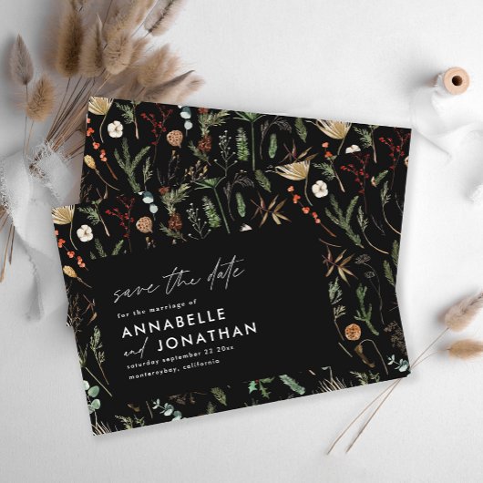 ブラックモダンエレガントムーディなボタニカル結婚シック セーブザデート