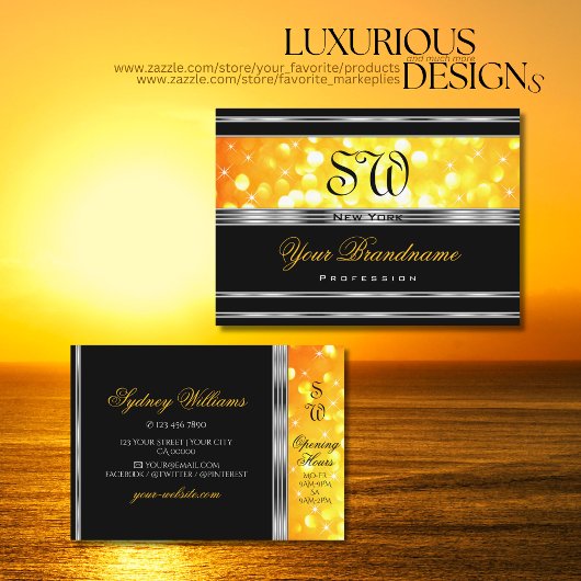 ブラックモダンオレンジグリッターモノグラムシルバー縁ど 名刺