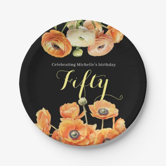 ブラックモダンオレンジフローラ50th誕生日パーティー ペーパープレート (正面)