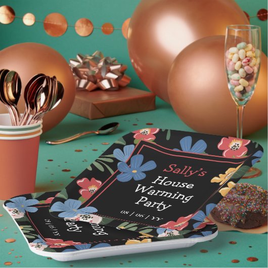 ブラックモダンカラフルフローラハウスウォーミングパーティー ペーパープレート (複数)