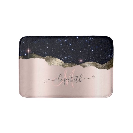 ブラックモダングリッターバラ金ゴールドモノグラム バスマット (正面)