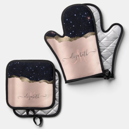 ブラックモダングリッターバラ金ゴールドモノグラム 鍋つかみ&鍋敷きセット (正面/裏面)