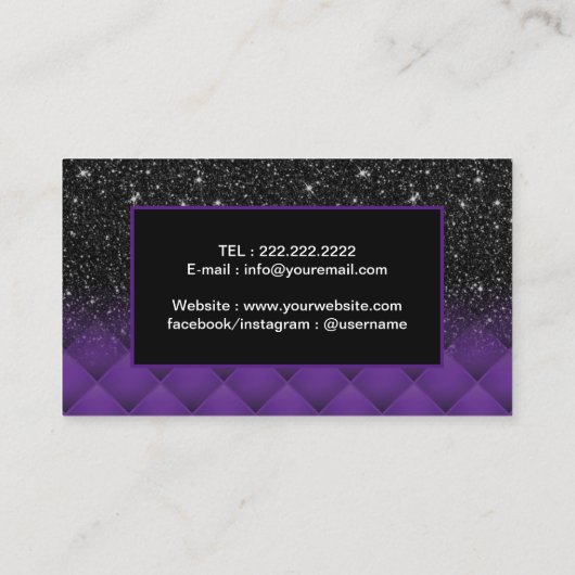 ブラックモダングリッターパープルダイヤモンドパターンサロン 名刺 (裏面)