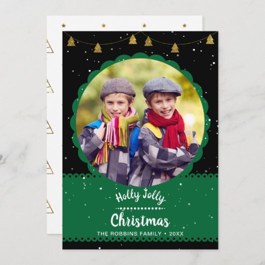 ブラックモダングリーンホリーすてきクリスマス写真 シーズンカード (正面/裏面)