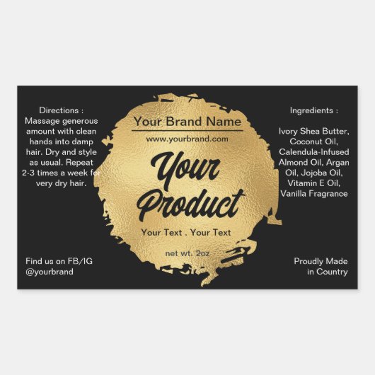 ブラックモダンゴールドフォイルグンジーラグジュアリーシック製品 長方形シール (正面)