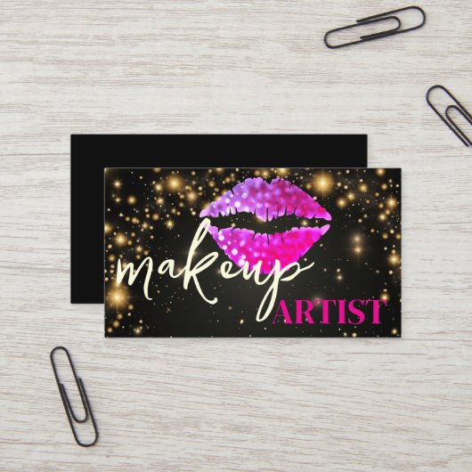 ブラックモダンサロンピンクリップメイクアップアーティスト 名刺 (正面/裏面インサイチュ)
