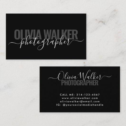 ブラックモダンシックなシグネチャースクリプトフォトグラファー 名刺 (正面/裏面)