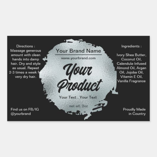 ブラックモダンシルバーフォイルグラマラーラグジュアリーカスタム 長方形シール (正面)